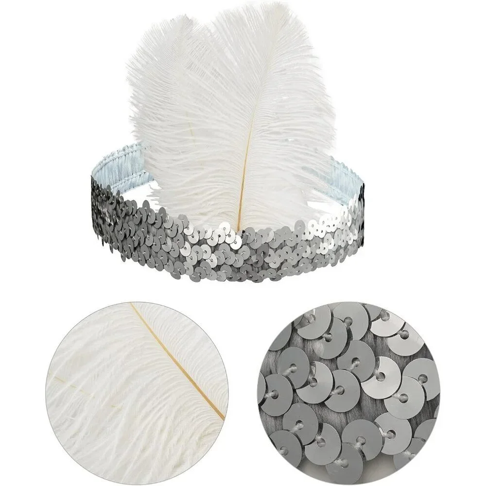 12pcs Flapper Headbands Set Feather Crystal Beads for Gatsby 1920s Party